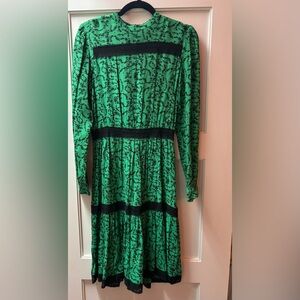 New worn green midi dress with black lace detail